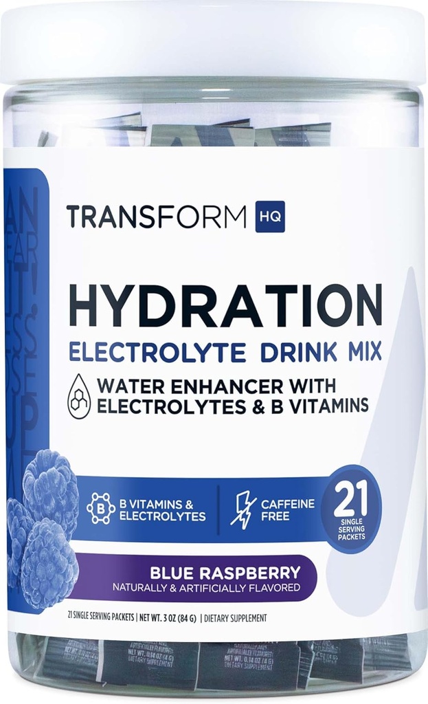 TransformHQ Hydration Drink Mix (21 Pakiety jednorazowe, Blue Malina) - Suplement do nawadniania Mieszanka z witamin i elektrolitów