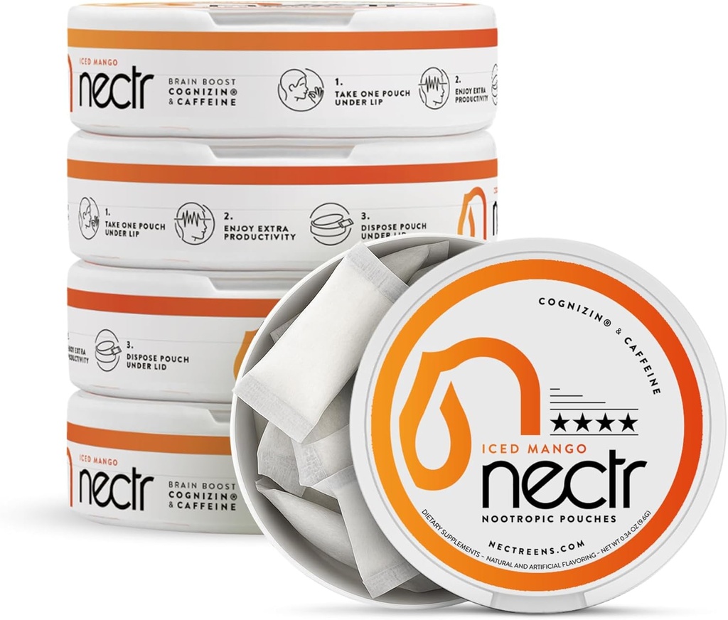 Nectr Energy Nootropic Pouches - Iced Mango Flavored, Caeple Pouches with Cognizin ® Citicoline. Leczenie bez cukru. Gładki, Trwały suplement ogniskowy i energetyczny - 5 pudełek po 16 szt.