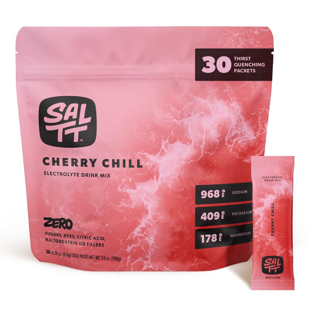 SALTT Electrolytes Powder Flavored Drink Mix - Cherry Chill - 30 Pakiety nawodnienia - Magnez, Potas, Sód, Ślad minerałów - Zero cukru & Gluten Free - Travel Essentials