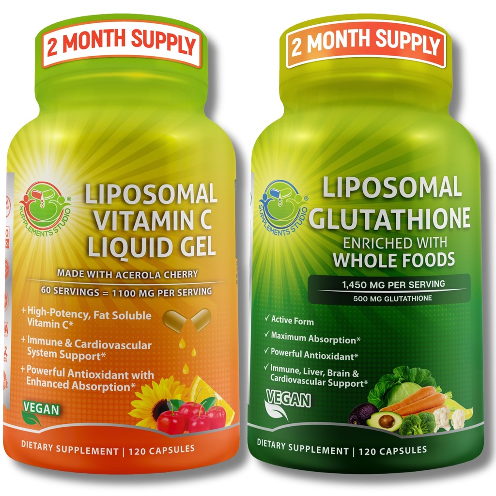 UZUPEŁNIENIA STUDIO Witamina liposomalna C 1100mg Kapsułki z płynnym żelem - Zestaw z - Suplement Glutationu liposomalnego 500 mg