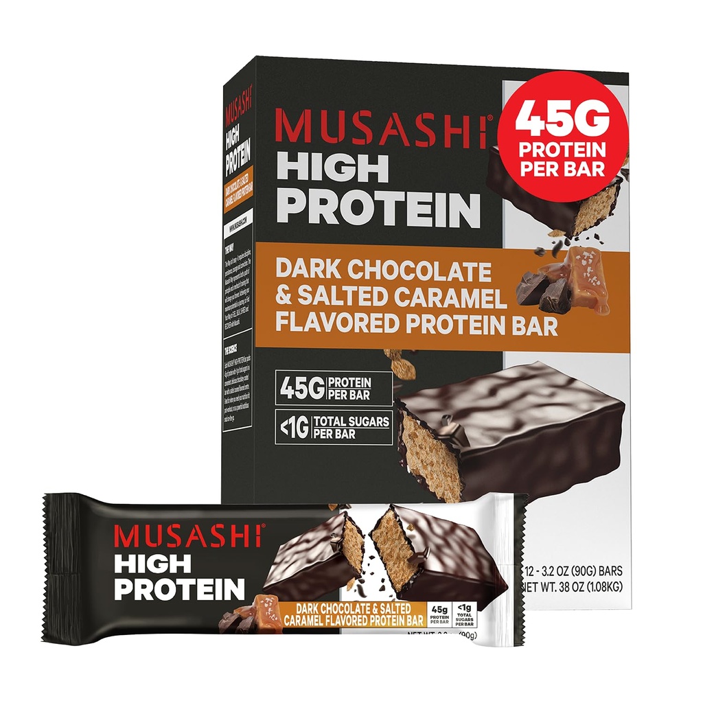 Musashi High Protein Bar, 45g Protein, < 1g Sugary ogółem, Dark Chocolate & Salted Karmel, Post Workout and Protein Snack On The Go, 12 Pack of 3.2oz (90g) Bary