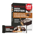 Musashi High Protein Bar, 45g Protein, < 1g Sugary ogółem, Dark Chocolate & Salted Karmel, Post Workout and Protein Snack On The Go, 12 Pack of 3.2oz (90g) Bary