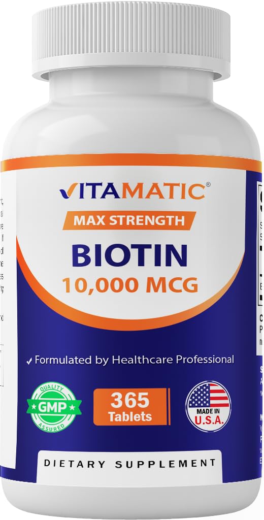Biotin Vitamatic 10 000 µg (10 mg) dla silniejszych włosów, skóry i paznokci - 365 tabletek wegańskich - również nazywany witaminą B7