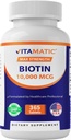 Biotin Vitamatic 10 000 µg (10 mg) dla silniejszych włosów, skóry i paznokci - 365 tabletek wegańskich - również nazywany witaminą B7
