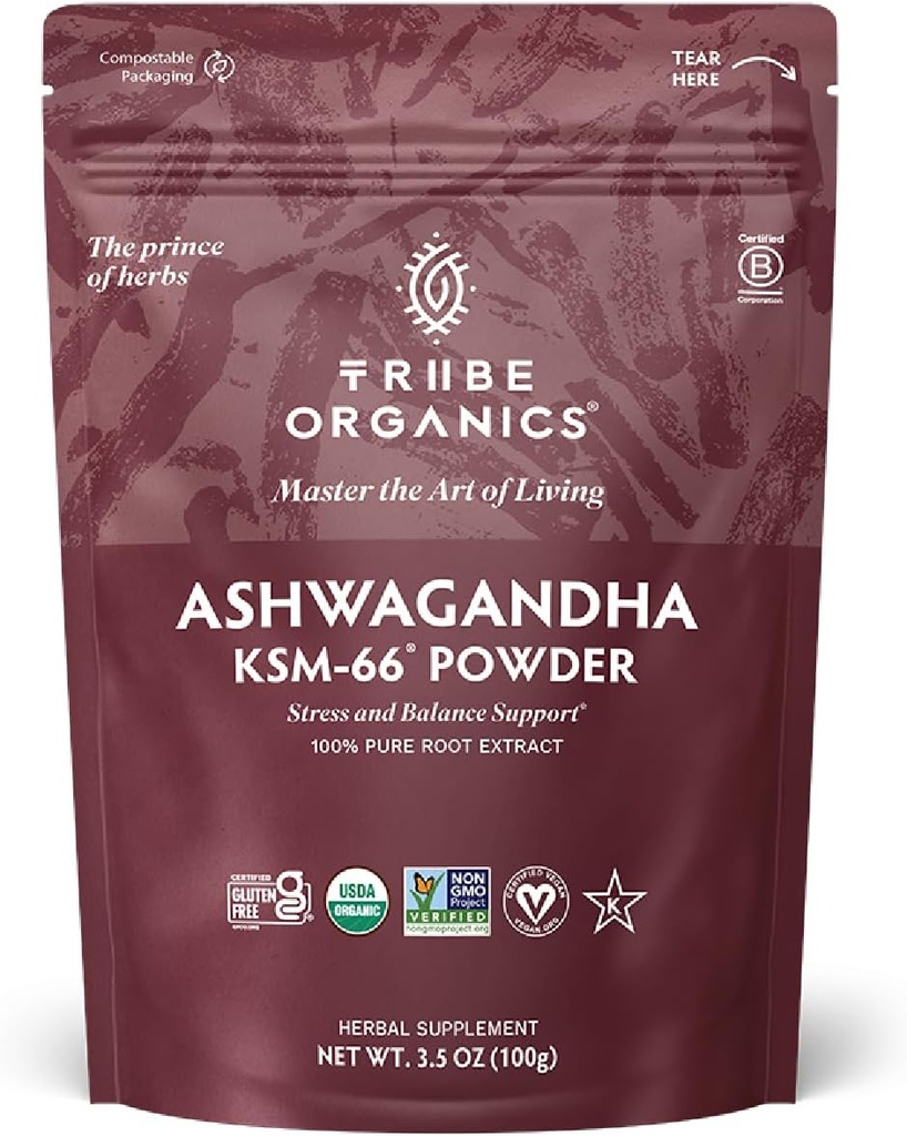 TRIBE ORGANICS KSM- 66 Ashwagandha Root Extract Powder Ayurvedic Herb for Mood Support Birth124; Wzrost energii 124; Siła - Organic Birth124; Natural Birth124; Gluten Free 124; Non GMO Birth124; Full- Spectrum - 100g Pouch
