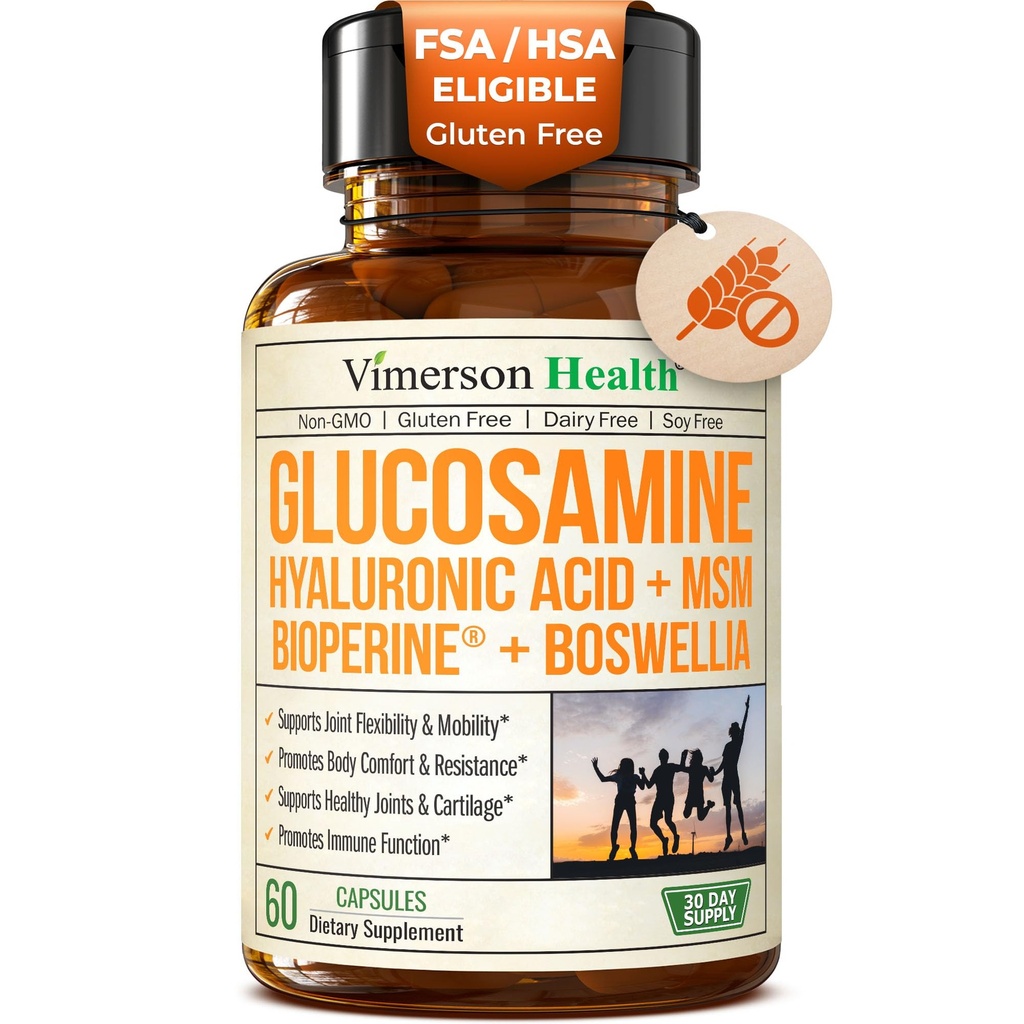 Siarczan glukozaminy z kwasem hialuronowym, Boswellią, suplementem Black Pepper & MSM - 5- in-1 Joint Supplements for Men and Women - Joint Health, Mobility & Bone Strength - FSA Kwalifikujące się 60 Caps