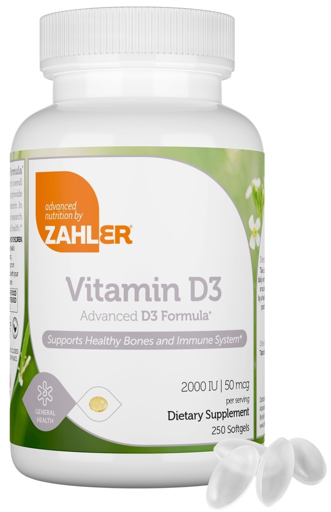 Zahler - Zaawansowana witamina D3 2000 IU Softgels (250 Hrabiego) Koszerny Wegetariański Przyjazny Witamina D dla immunologicznego wsparcia, kości, zębów i zdrowia mięśni - Daily D3 Suplement witaminy dla dorosłych - Easy Swallow V