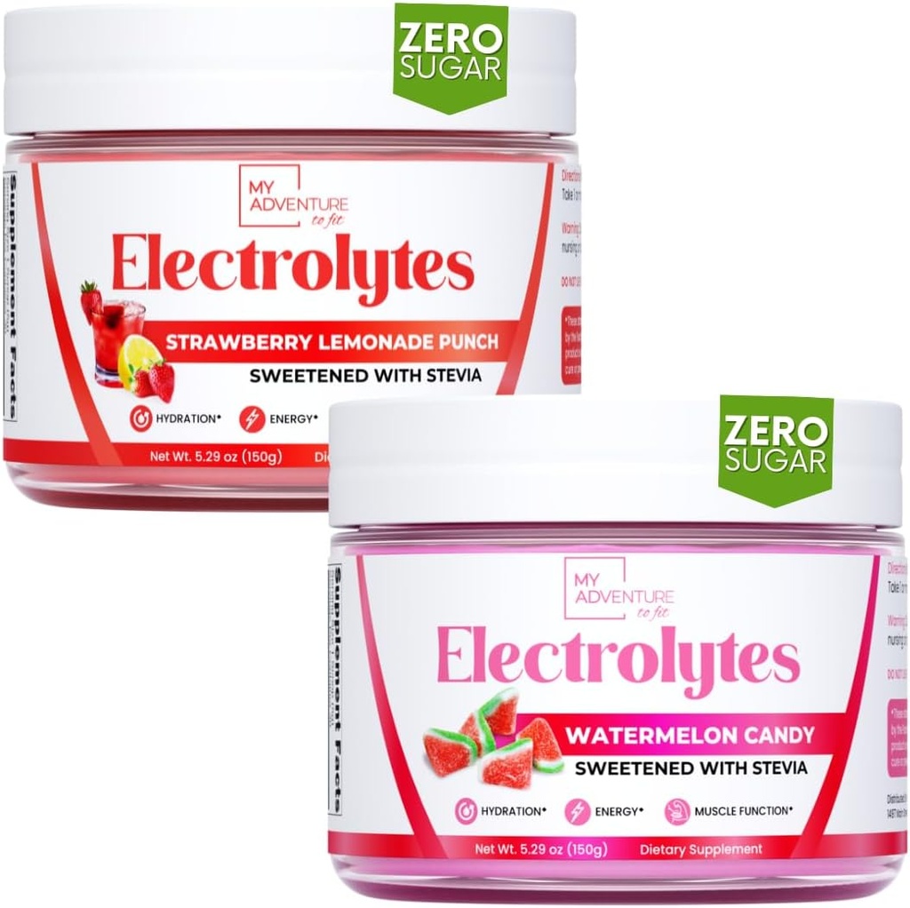 My Adventure to Fit Odświeżające Nawodnienie Elektrolity Proszek z zerowym cukrem, Bundle, Arbuz Candy & Truskawki Lemoniady aromaty