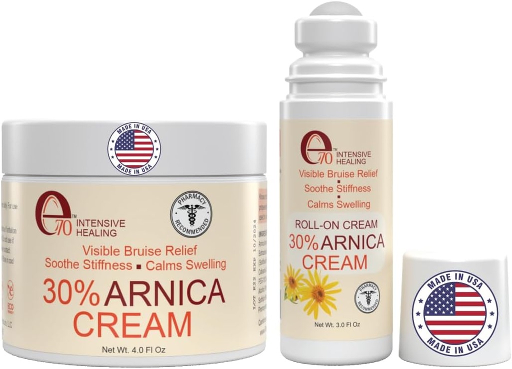 Arnica Cream & Arnica Gel Roll- Na 2PK dla siniaków i obrzęku, Soothe bóle mięśni i połączeń z witaminy K, 30% Arnica Montana, Kwas hialuronowy i L- Arginina