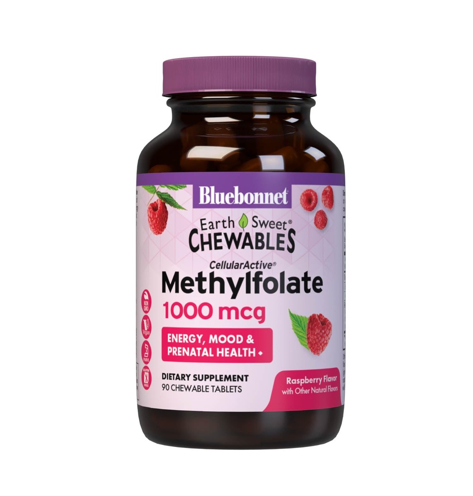 Bluebonnet EarthSweet Methylfolate 1000 µg Celular Active Coense 5- MTHF L Methyl Folate Supplement - Prenatal & Energy Support - Non-GMO, Wegan, Gluten- Free - Malina - 90 Tabletki do żucia
