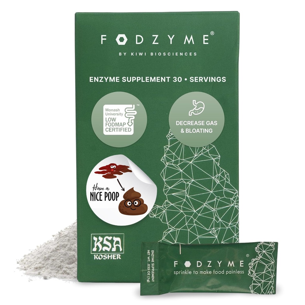 FODZYME ® On- The- Gemestic Enzymes for Gut Health, Relief for Bloating, Gaz, Zaparcia, Biegunka, Ból brzucha, Niska FODMAP, 30 Dawka