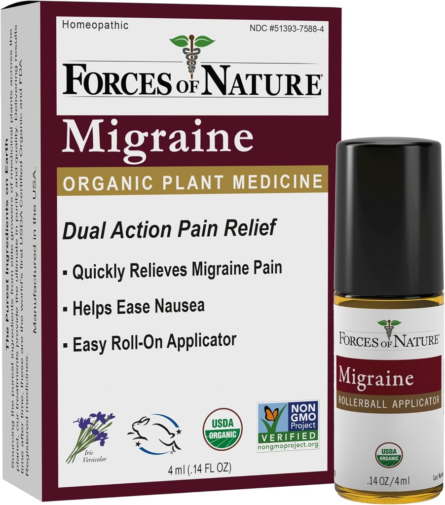 Siły natury Naturalne, Organiczne Migrena ból Relief Topical Roll- na, Wsparcie promu, Aura, Ból głowy, Zmęczenie, Lekkie i dźwiękowe wrażliwość, Nudności związane z migreny, Non-GMO, 0.14 Fl Oz