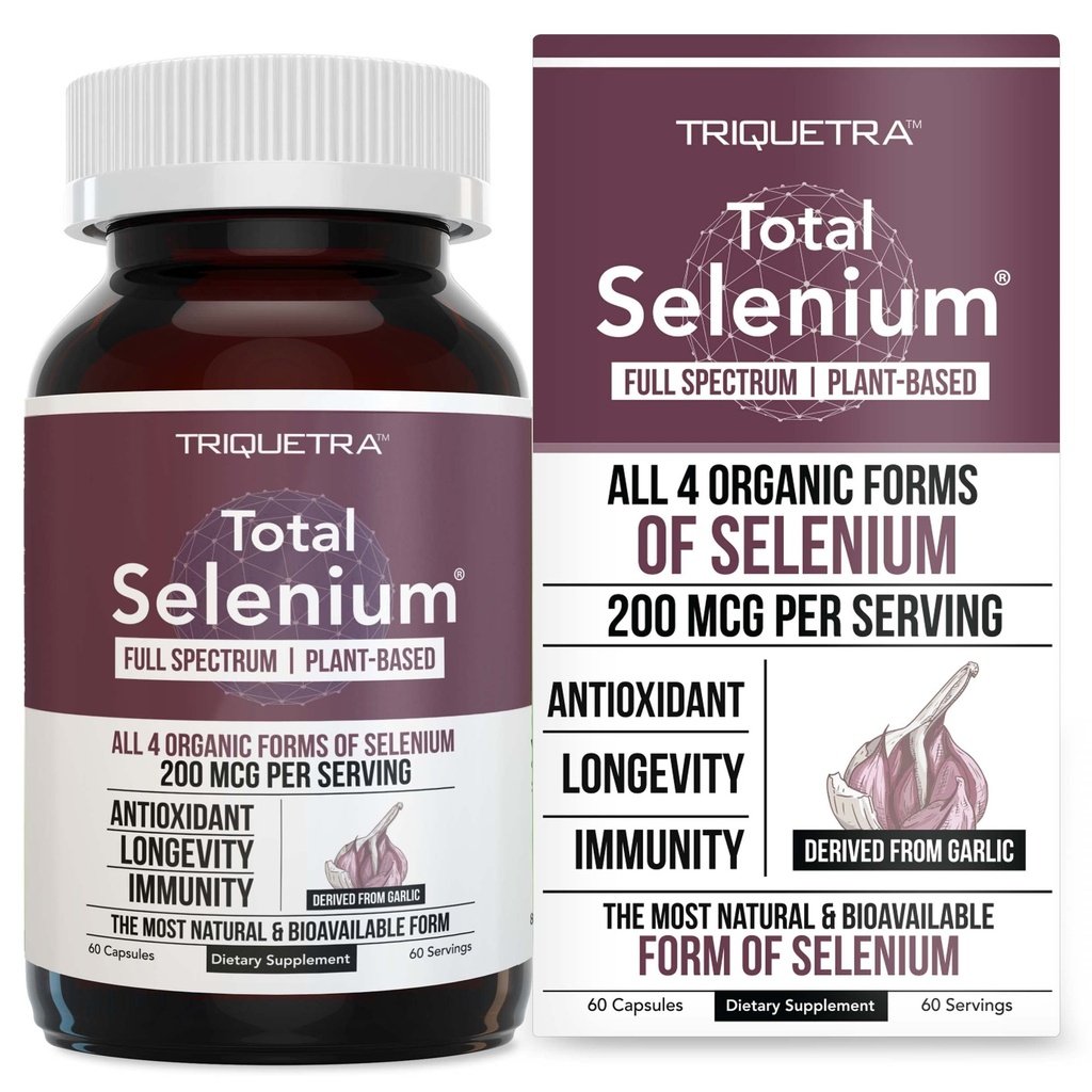 Selen całkowity - 200 µg, Selen oparty na plancie - Full Spectrum, Zawiera 4 Esencjalne Organiczne Formy Selenu Włączając Selenometioninę - Pochodzi z czosnku - 60 Kapsułki