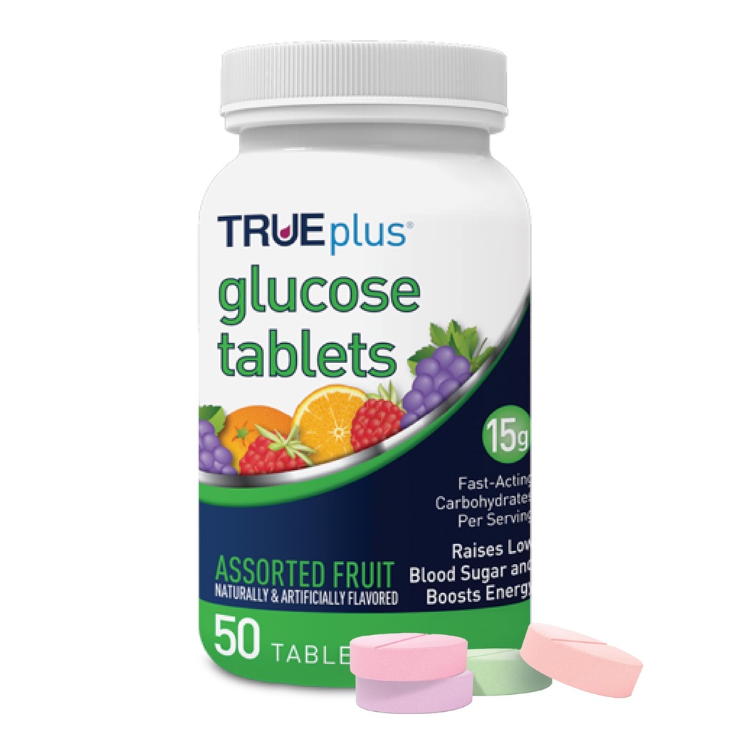 TruEplus ® Tabletki z glukozą, Smak niesortowany (winogrona, malina, pomarańcza) - 50ct Butelka (1)