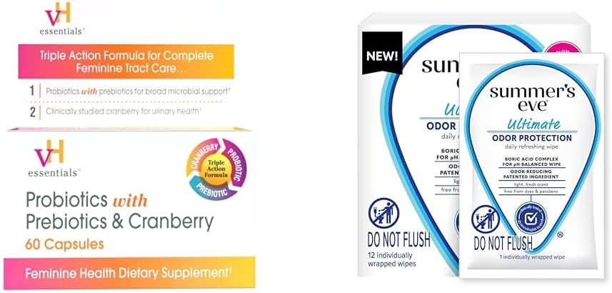 VH niezbędne Probiotyki z Prebiotykami i Żurawinem 60 Kapsułki i Summer 's Ultimate Odor Control Wipes Feminine z kwasem borowym 12