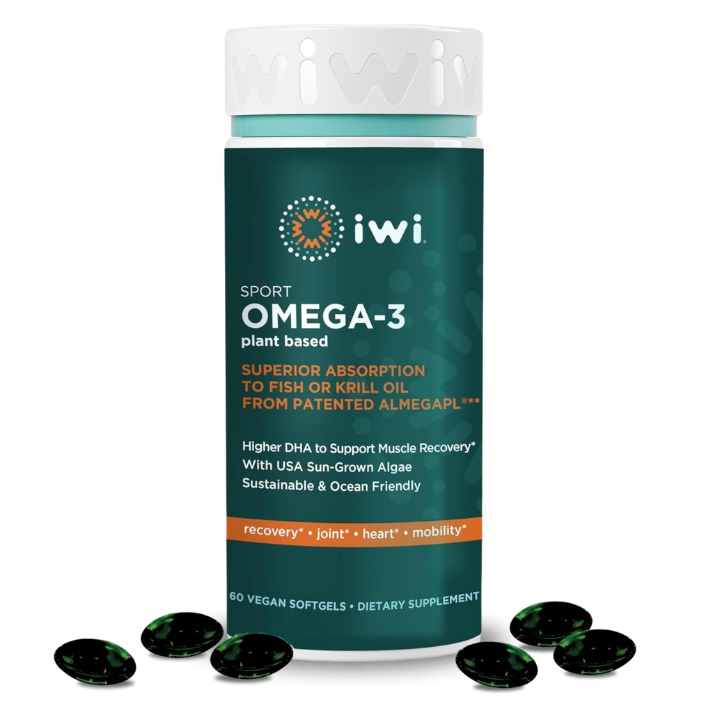 Iwi Omega-3 Sport, 60 Softgels (30 Służenia), Plant- Based Vegan Algae Omega 3 z DHA, Ćwiczenia Recovery Support Dietary Supplement, Kryll & Fish Oil Alternative, No Fishy Aftertaste