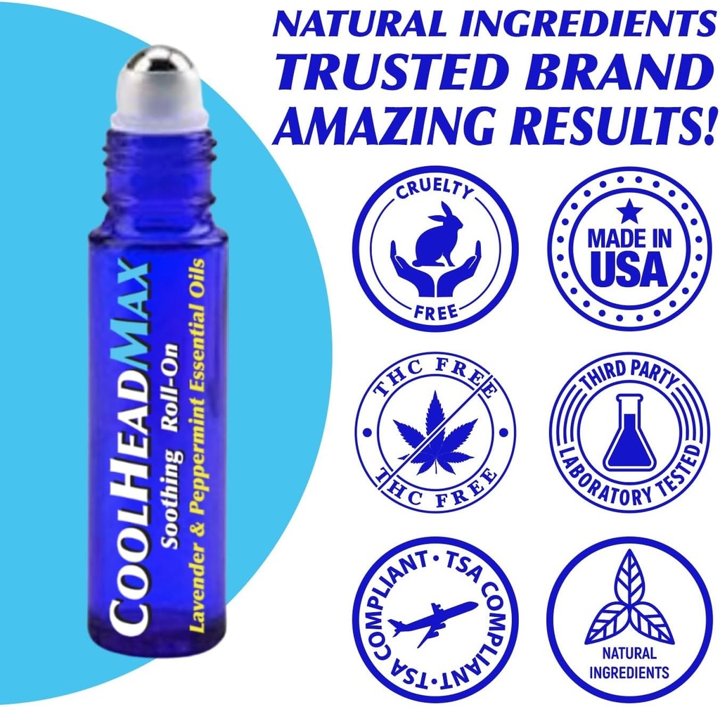 CoolHead Max Roll On, Natural Peppermint Essential Oil Migrena Relief, Ból głowy Wsparcie Roller, Szybkie chłodzenie Comfort dla głowy, 3 Pack