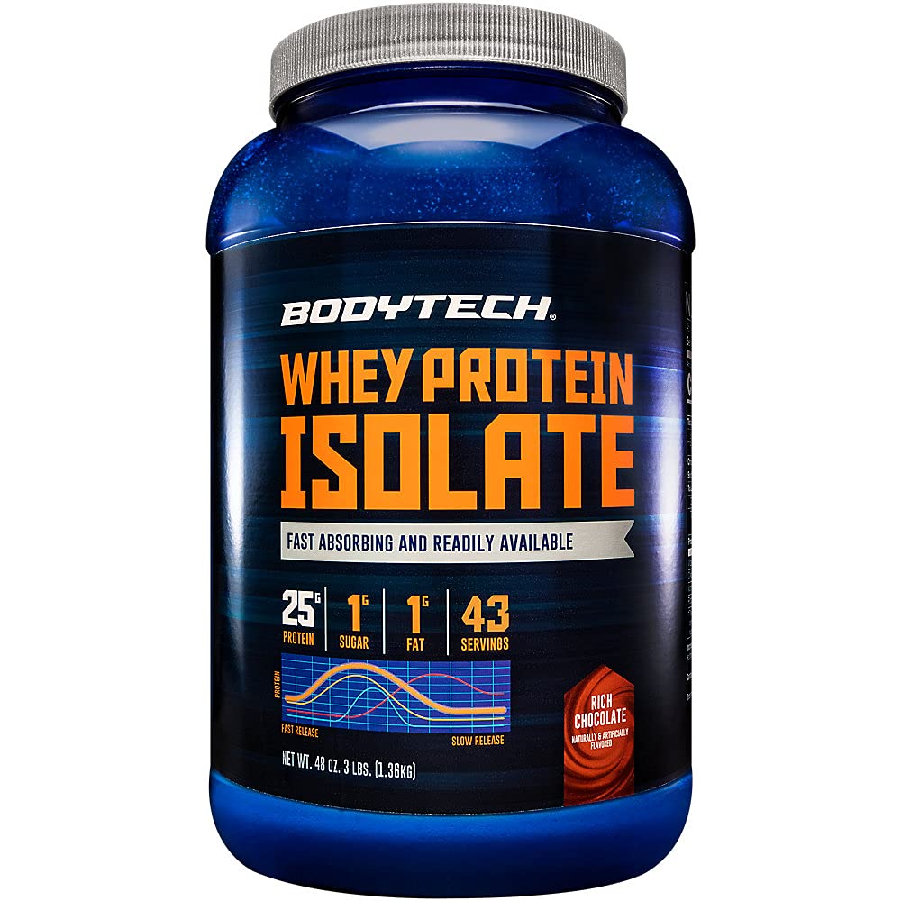 BODYTECH Proszek do izolatu białka serwatkowego - bogaty aromat czekoladowy - suplement protein Premium do wzrostu i odzysku mięśni - niskokaloryczna i wysokobiałkowa formuła dla wydajności (3 lbs / 43 Servings)