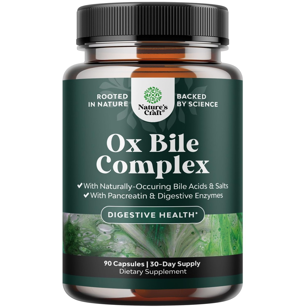Enzymy trawienne z Ox Bile - Ox Bile Suplementy dla Brak pęcherzyka żółciowego z Trypsin, Papain & Bromelain Enzyme dla Pancrease Cleanse & Detox - Pancreatin Enzymy trawienne dla kobiet i mężczyzn - 90 Ct