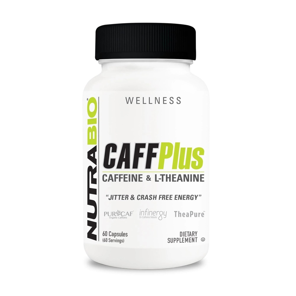 NutraBio CaffPlus, podwójna kofeina źródłowa z Theanine for Healthy Energy Boost - 60 Kapsułki warzywne