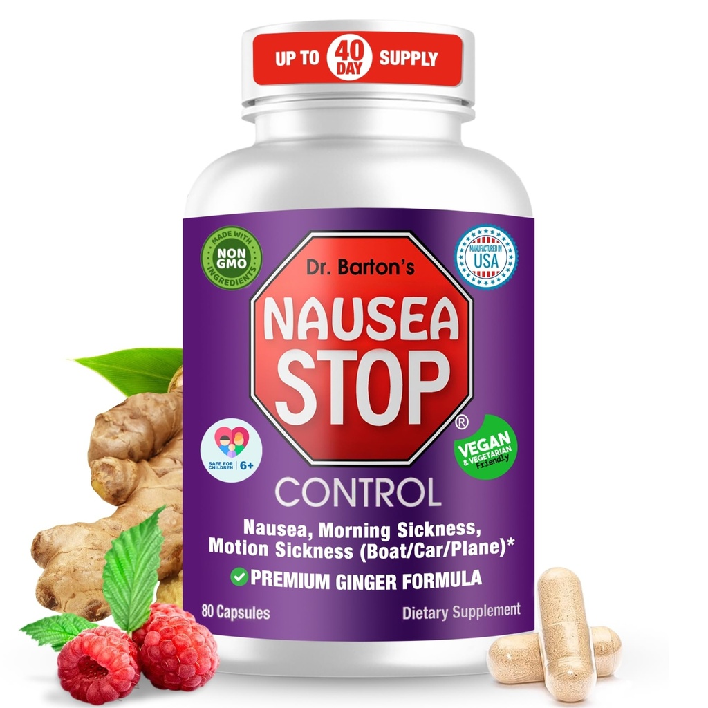 Dr. Barton 's Nudności Stop - Naturalne Ginger, Non- Drowsy Nudności Ulgi dla dorosłych i dzieci, Anti Nudności, Zdenerwowane żołądki, poranna choroba i ciąża Nudności - Travel Essentials - 80 Kapsułki (1 opakowanie)