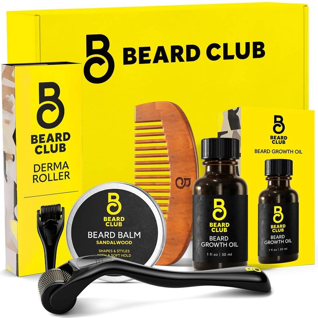Beard Club Beard Growth Kit - Derma Roller, Beard Growth Oil, Sandalwood Balsam, Comb - Zestaw prezentów
