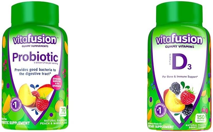 Witafuzja Probiotyczne Gumy Suplementy, Malina, Brzoskwinia i Mango Flavors & Witamina D3 Gummy Witaminy dla wsparcia kości i układu immunologicznego