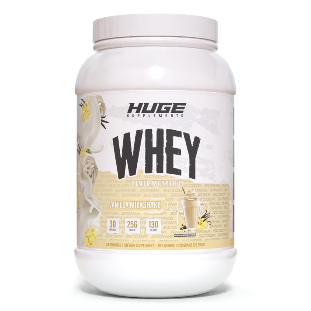 Ogromna serwatka, proszek proteinowy do hodowli mięśni, 25g białka, 12g EAA, wspomaga wzrost mięśni, wydajność i odzysk (Vanilla Milkshake, 30 Służenia)