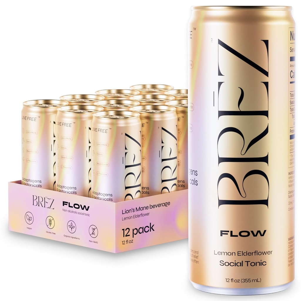 BREZ FLOW Mushroom Mane Mushroom Drink, 12- Pack, Non-Infused, Adaptogens, Relieving, Podnoszenie i społeczne, musujące Lemon Elderflower Tonic 12 Fl oz
