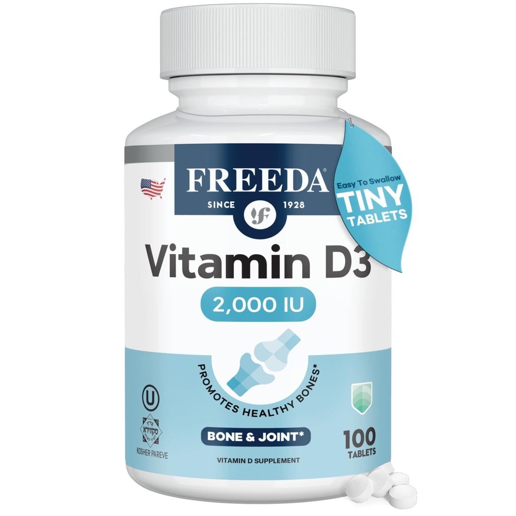 Witamina D3- 2000 IU FREEDA - Witamina D o dużej wytrzymałości na działanie kości i nośności immunologicznej - Tabletki Easy- to- Połknięcie - 100 małych tabletek