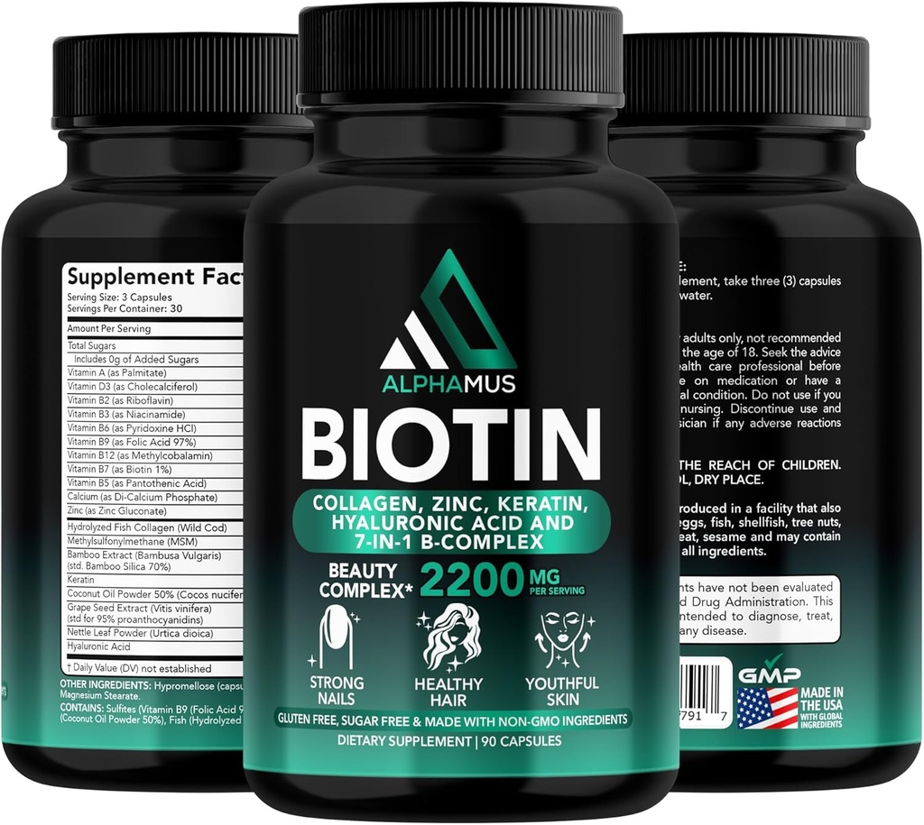 Biotin i Kolagen Suplementy z keratyną - Biotin 5000mcg Kapsułki do włosów Wzrost, Zdrowa skóra i paznokcie - Zoptymalizowany Mieszanka kwasu hialuronowego i kompleksu witaminy B dla kobiet i mężczyzn, 90 Kapsułki