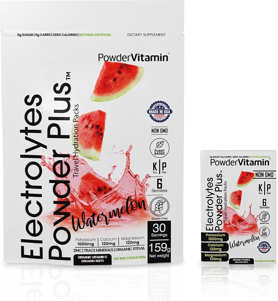 Proszek PowderWitamina Elektrolity Plus, Keto, Arbuz, Cukier wolny, 1000mg potasu, 120mg wapnia, 120mg magnezu, Non-GMO, Zero Kalorii, 30 pakietów nawadniających