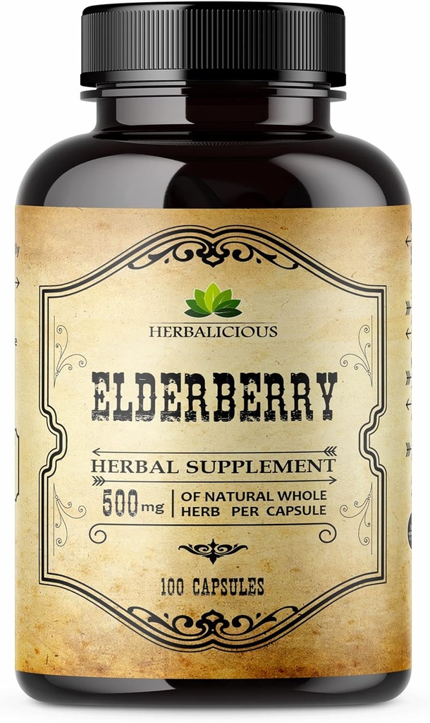 Kapsułki z jagodami - Natural Black Elderberry Herbal Supplement - Wzmacniacze immunologiczne dla dorosłych, Wsparcie pokarmowe, Przeciwutleniacze & Witamina C - Fiber- Rich, Non-GMO - 100 Kapsułki dla mężczyzn i kobiet