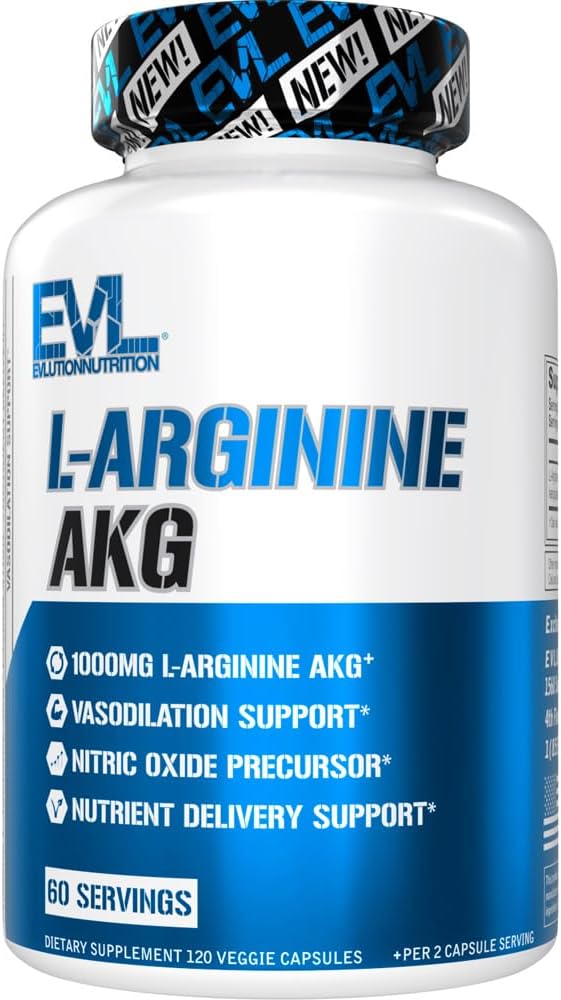 Evlution L- Arginine AKG - Vasodial & Nutricent Delivery Support Support - Nitric Oxide Prekursor - 1000mg L- Arginine AKG - Gluten Free & Non-GMO - Dietetyczny Suplement - 60 Servings - 120 Veggie Capsules