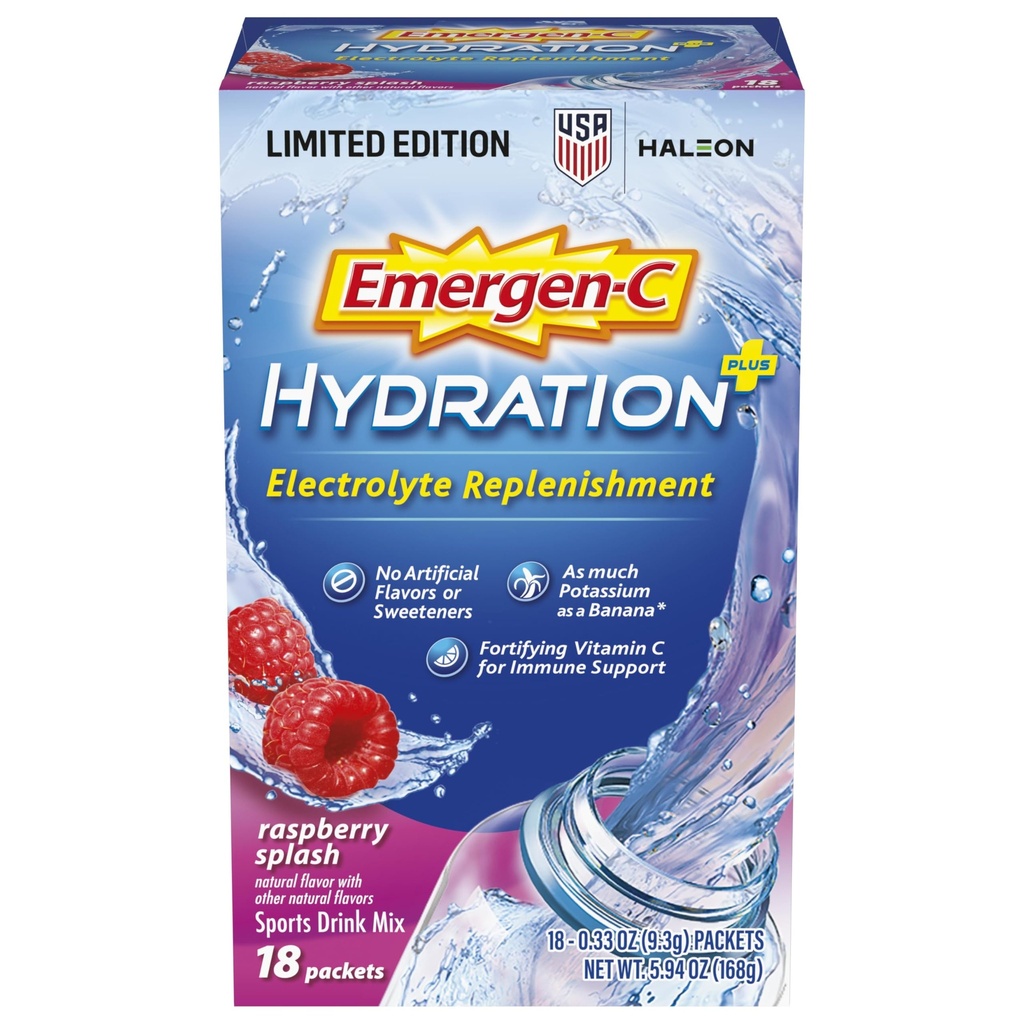 Emergen- C Hydration + Sports Drink Mix Witamina C (18 Count, Malina Flavor), uzupełnianie elektrolitów, 0.33 Opakowania proszku Ounce