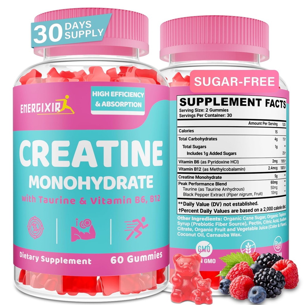 Kreatyna dla Kobiet, Jednowodzian Kreatywnych Gummies - No Bloating - Pre and Post Workout Chewables Suplement z Tauryne & B6 - do odzyskiwania, Siła, Energia i Booty, Wydajność, 60 Liczby