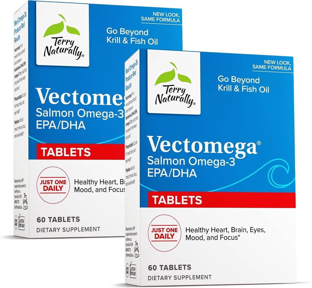 Terry Natural Vectomega - Suplement z EPA & DHA - Tabletki Omega-3 na wsparcie zdrowia mózgu i serca - Suplement odżywczy z zasadniczymi kwasami tłuszczowymi i peptydami - 60 tabletek (opakowanie po 2)