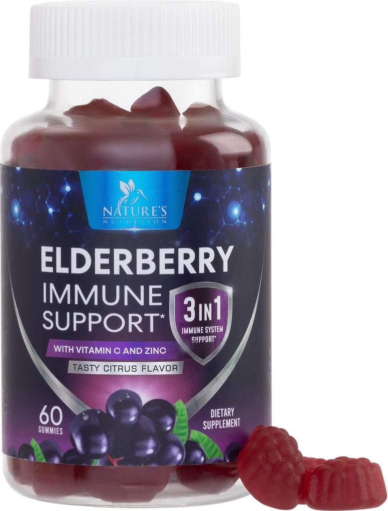 Gummy z jagodami z witaminą C, D3 i cynkiem - Gummy do wsparcia immunologicznego dla dzieci i dorosłych, ekstrakt z czarnego jagodu Gummy immunologicznego suplement wsparcia zdrowia, Witamina Black Elder Berry - 60 Gummies