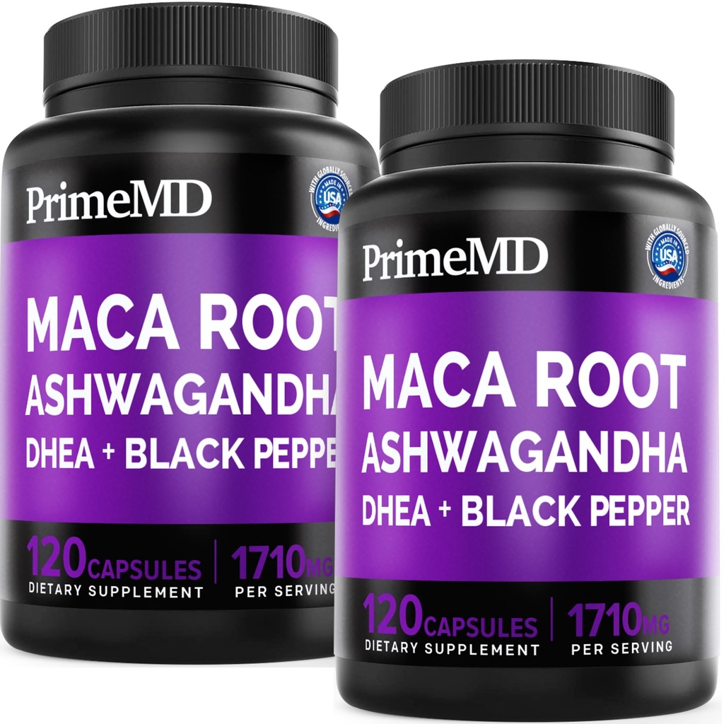 6- in-1 Organic Maca Root Ashwagandha kapsułki 1710mg z DHEA i Black Pepper Fruit Extract for Women and Men - Black Maca Supplement for Stamina, Bone and Mood Supplement, 120ct (Opakowanie 2)