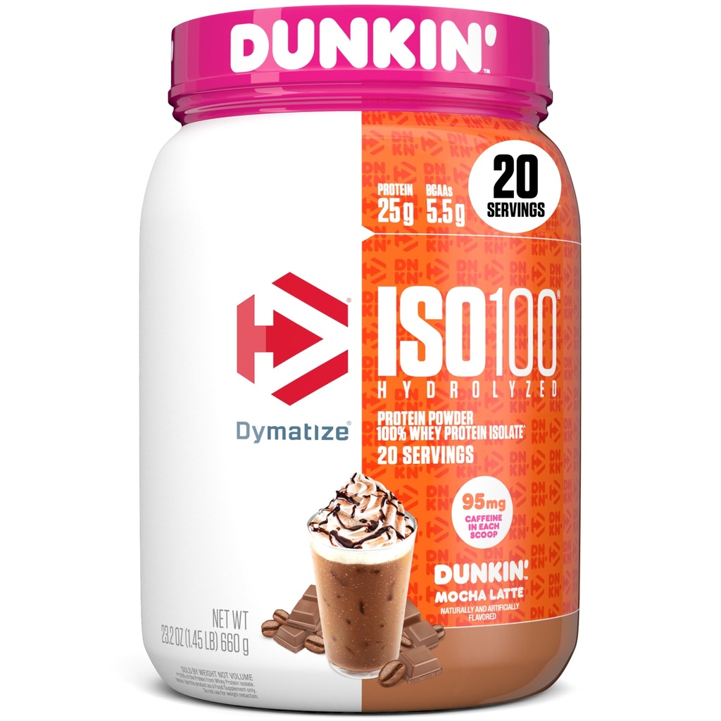Dimatize x Dunkin 'Mocha Latte ISO100 Proszek białka serwatki, 95mg kofeiny, 25g białka, 5,5g BCAA, 120 Cal., Gluten Free, 1g tłuszczu, 1g cukru, 3g karb (20 Sług)