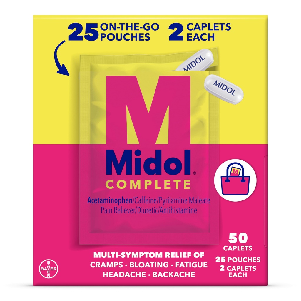 Midol Complete On The Go Caplets z acetaminofenem dla menstruacyjnej ulgi objawowej, okresu skurczu i menstruacyjnej ulgi bólowej, 50 Count (25 Pouches of 2)