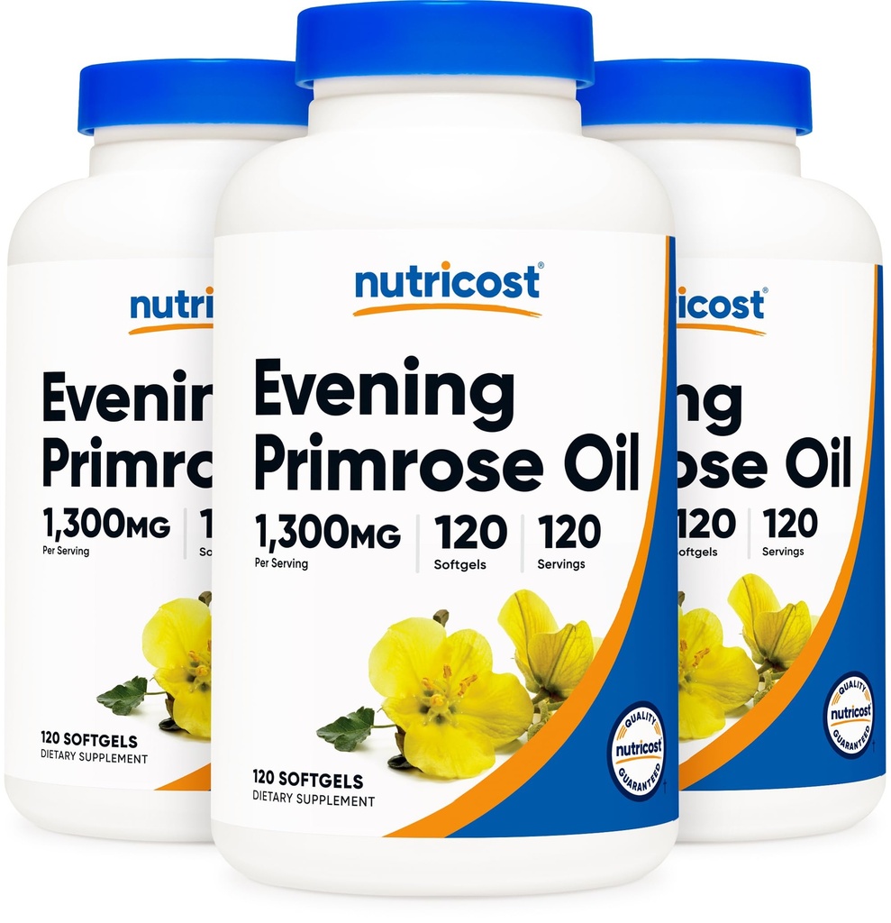 Nutricost Wieczór Primrose Oil 1,300mg, 120 Softgels (3 butelki) - Non-GMO, Gluten Free, 120 Sług