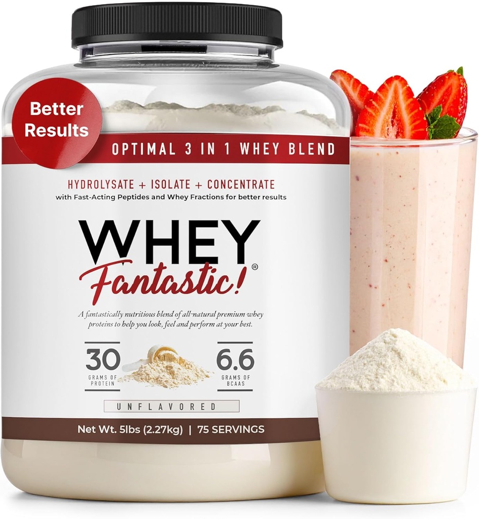 3- in-1 Proszek z białka serwatkowego Unflavored 5lb - 30g białka Grass- Fed z hydrolizatu serwatki, izolacja i koncentrat na porcję - Non-GMO, Soy- Free, Sugar- Free - 63 Servings