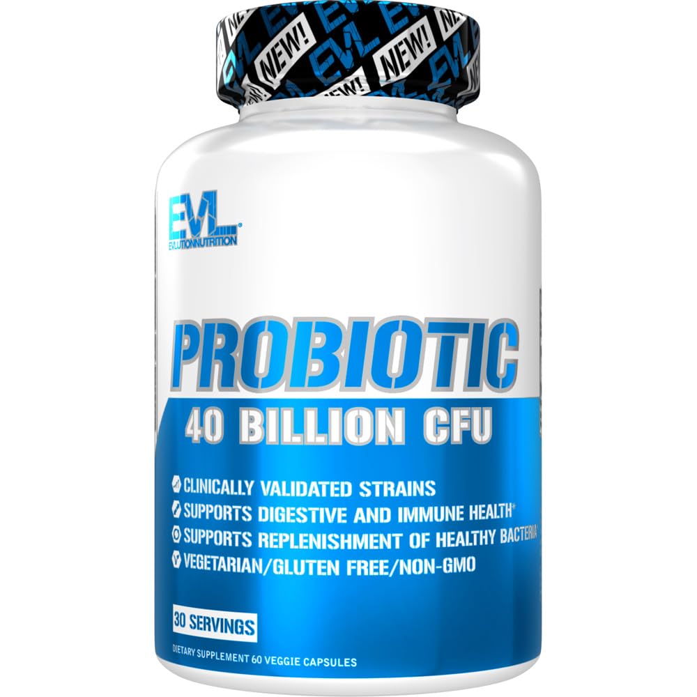 Evlution Nutrition Probiotic - 40 Miliard CFU - Wsparcie Digestive + Immune Health - Probiotyczne Suplement dla mężczyzn i kobiet - Wegetarianin, Gluten Free & Non-GMO - 30 Służenia - 60 Kapsułki wegetariańskie