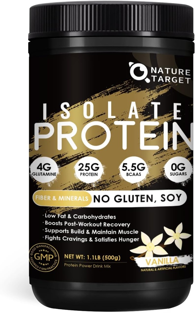 NATURE DOCELOWE Izolacja proszku białka serwatkowego w proszku Vanilla, 25g białka niskokalorycznego bez cukru i glutenu, 5,5 g BCAA, bogaty w włókna i minerały, 1.1 Funt, 16 Służenie