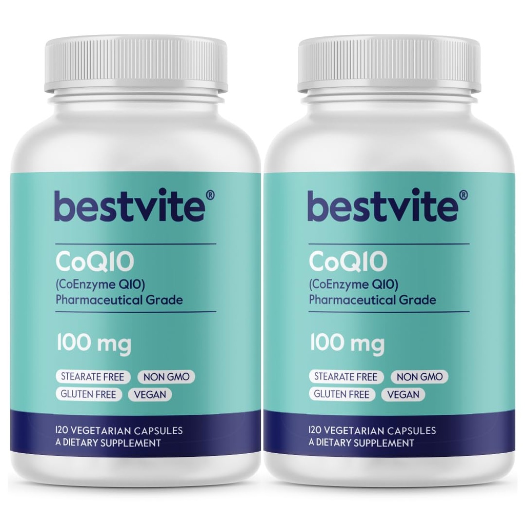 BESTVITE Coenzym CoQ10 100mg (240 Kapsułki wegetariańskie) (2- Pack) Naturalny fermentowany - bez stearynianów - bez filtrów - Wegan - Nie GMO - Bez glutenu