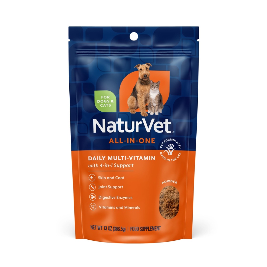 NaturVet All- in- One Dog Supplement - for Joint Support, Trawienie, Skóra, Coat Care - Dog Multivitamin with Minerals, Omega-3, 6, 9 - Wheat- Free Vitamin for Dogs - 13- Ounce Powder