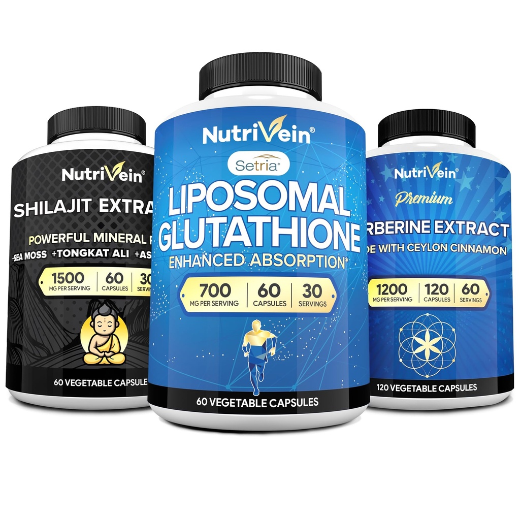 Żywotna żyłka Premium Kapsułki Shilajit, Suplement Glutationu Liposomal, & Suplement Berberine Bundle: Berberine, Glutathione, & Shilajit Kapsułki dla mężczyzn i kobiet - Metabolizm, Witalność, & Równowaga