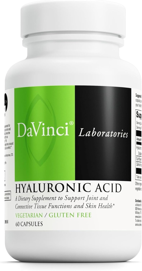 DaVinci Labs Kwas hialuronowy - Suplement diety do wsparcia stawów, chrząstki i zdrowia skóry * - Z kwasem hialuronowym, Lecytyna słonecznikowa i Salvia Hispanica Proszek - Gluten- Free - 60 Czapki wegetariańskie