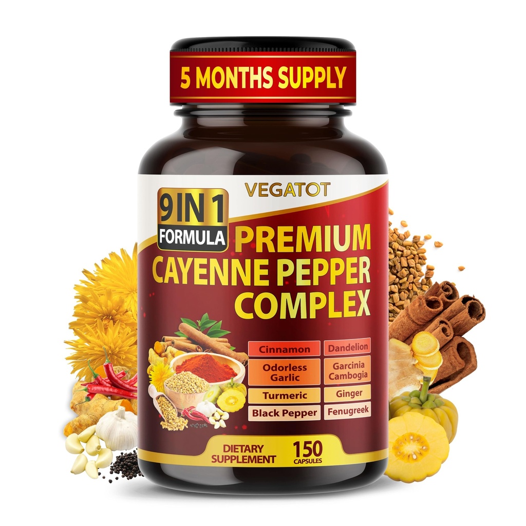 Organic Cayenne Pepper 9IN1 Complex z cynamonem, imbir, kurkuma do ogólnego zdrowia, system immunologiczny, trawienie Wellness (150 Hrabia (1 paczka))